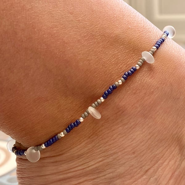 Czech Glass Disc & Seed Bead Anklet. Sterling Silver. Extension Chain. 