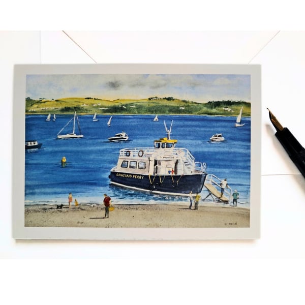 Blank greetings card of Cawsand Ferry  Cornwall from original painting  size A6