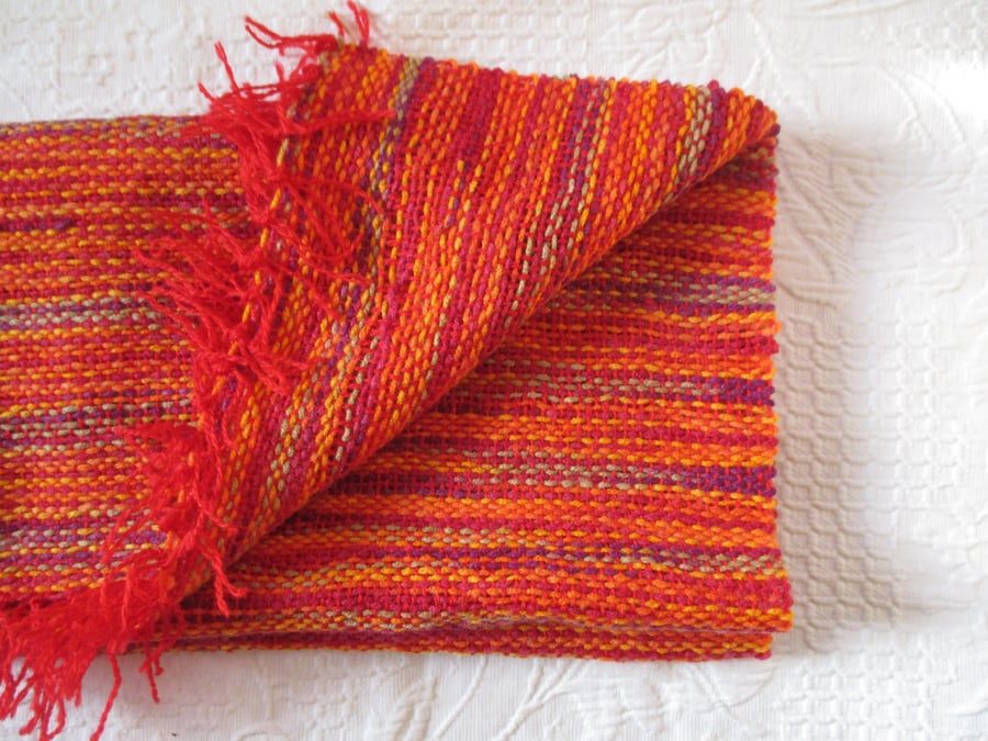 Hand Woven Scarf. light weight but warm and comfy, unisex, warm red and orange