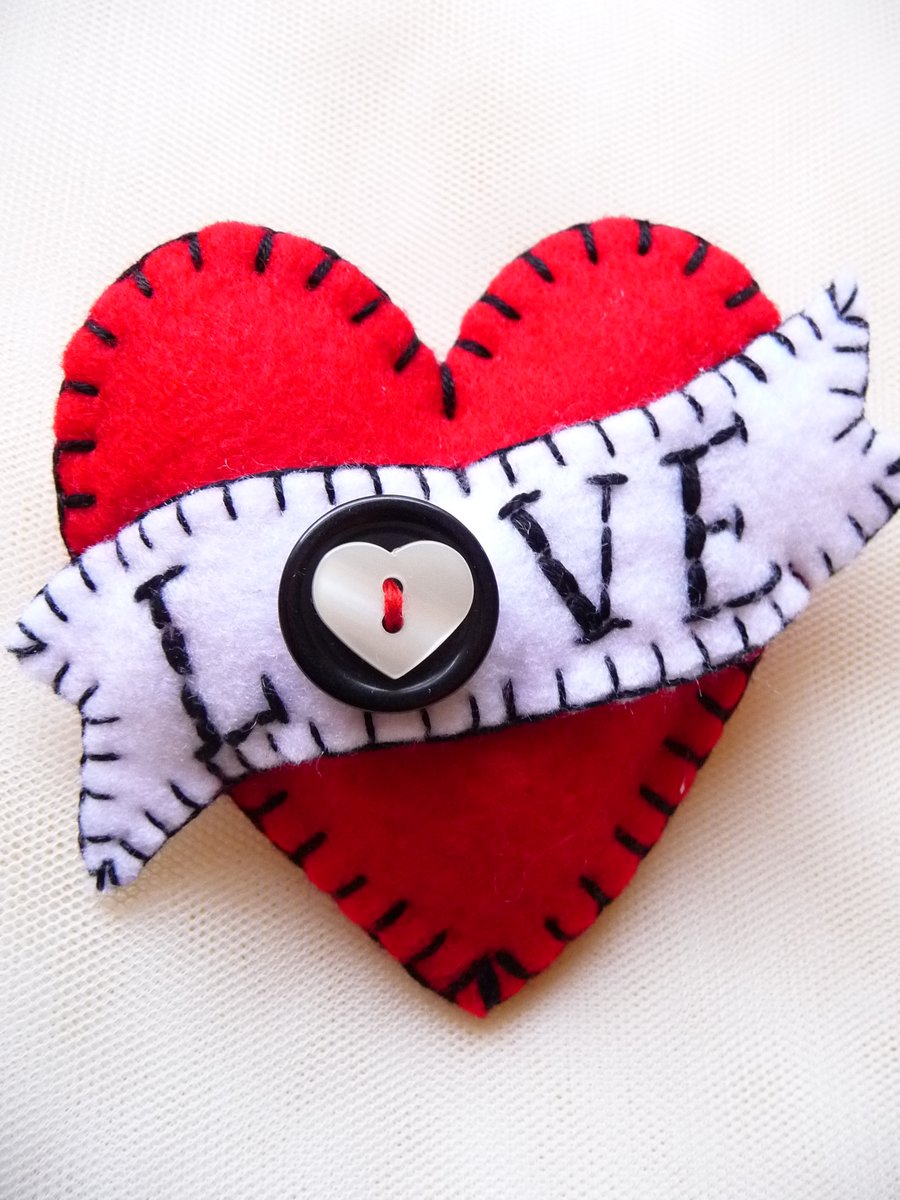 FB054 - Hot Red LOVE Heart Shape Handmade Felt Brooch For Your Loved One 