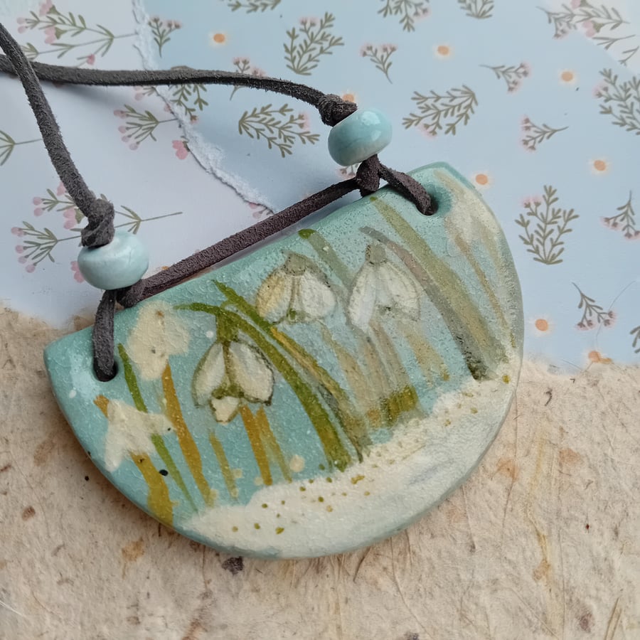 Snowdrop necklace pendant rustic porcelain clay green blue