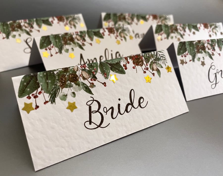 6 x personalised NAME place CARDS Wedding table setting Christmas greenery frame