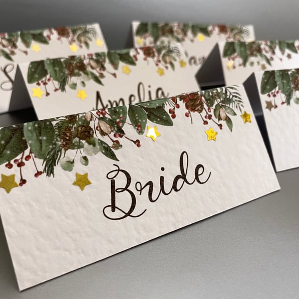 6 x personalised NAME place CARDS Wedding table setting Christmas greenery frame