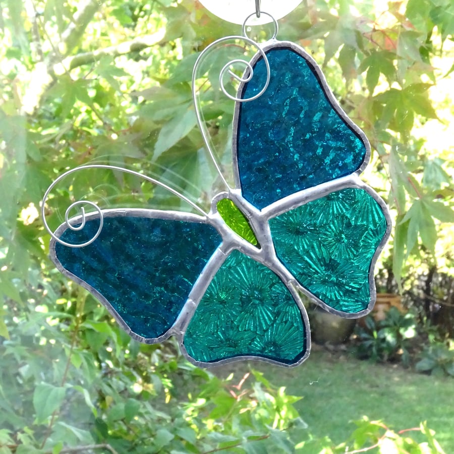 Stained Glass Butterfly Suncatcher - Handmade Decoration - Teal and Turquoise