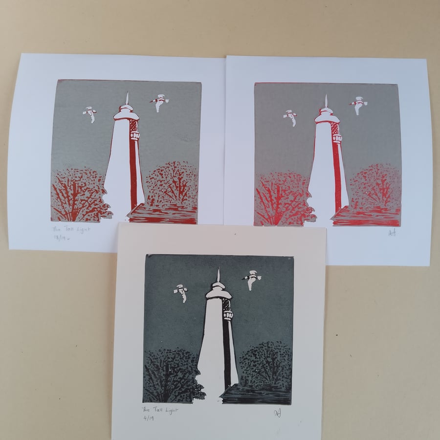 Limited edition reduction Linoprint the tall light 