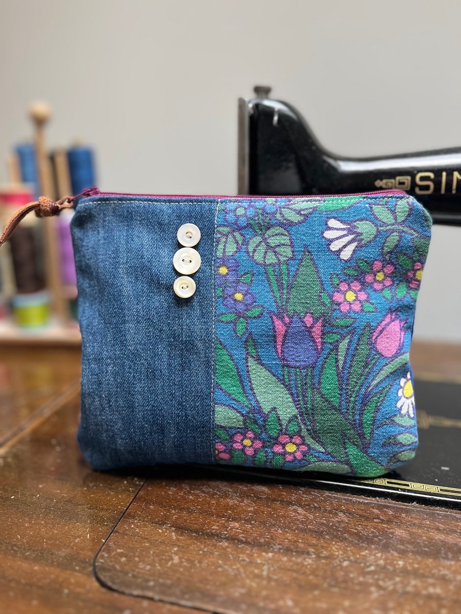 Vintage Flower Waltz Floral linen and reclaimed denim zip pouch