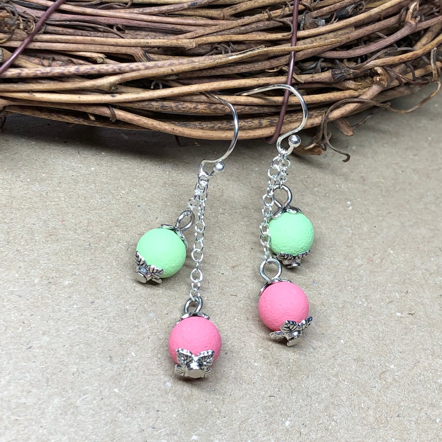 Pink and green lava stone earrings