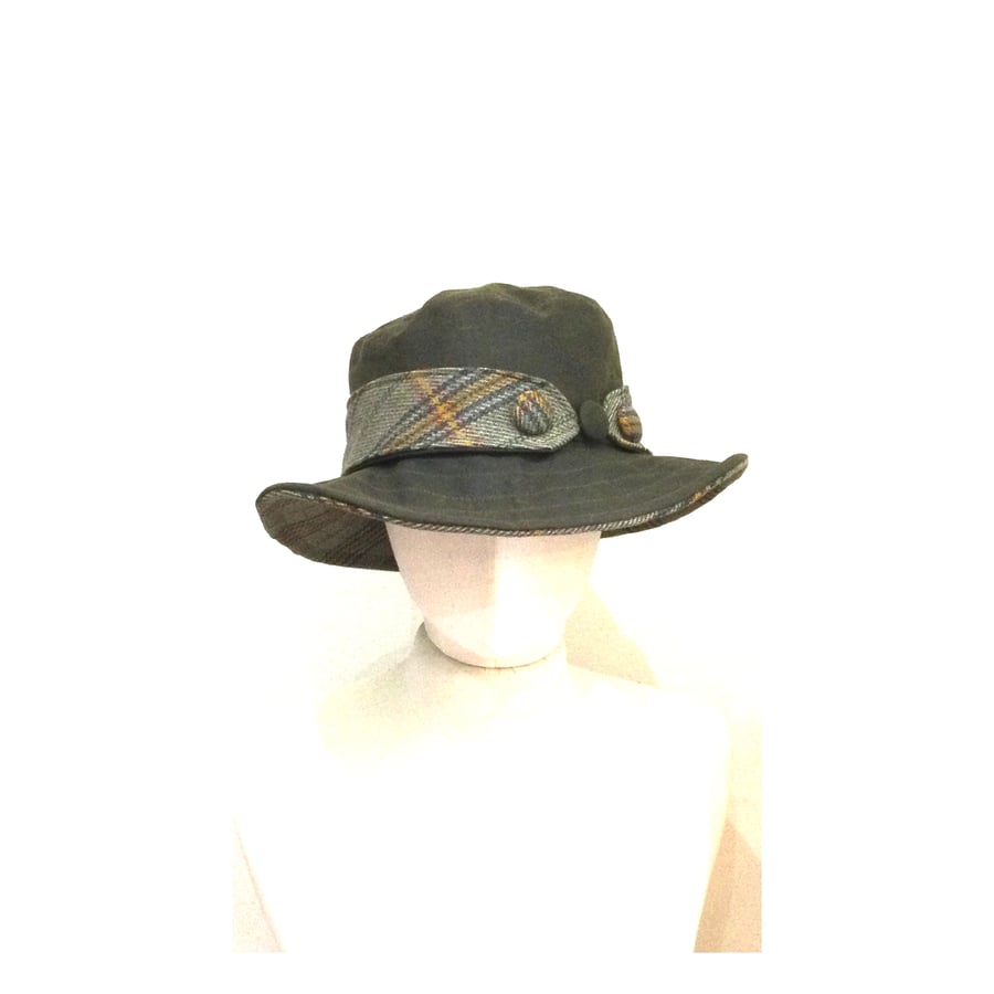 Waxed Cotton Bucket Hat Olive Check