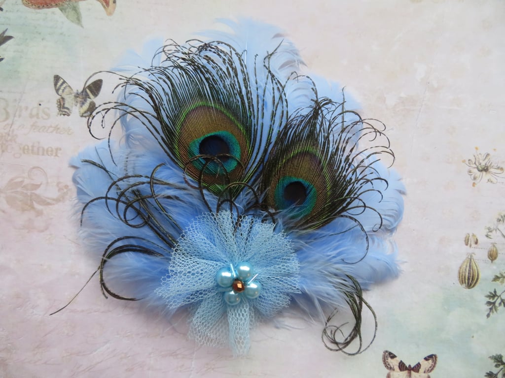 Pale Sky Cornflower Blue Small Peacock Feather Vintage Pearl Hair or Hat Clip 