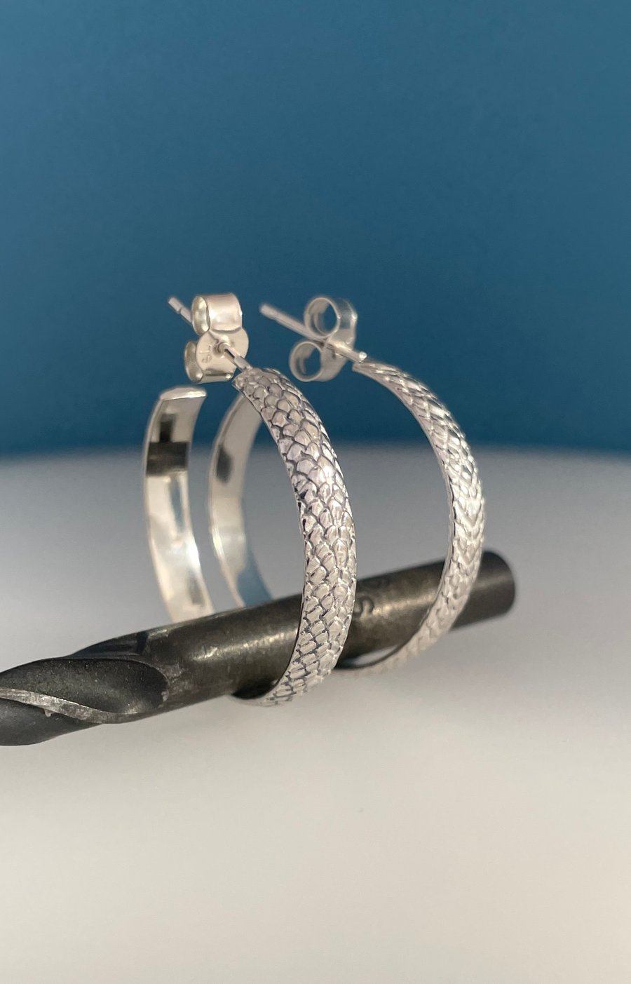 Sterling Silver Hoop Earrings Snakeskin Patterned Size 25mm - Handmade