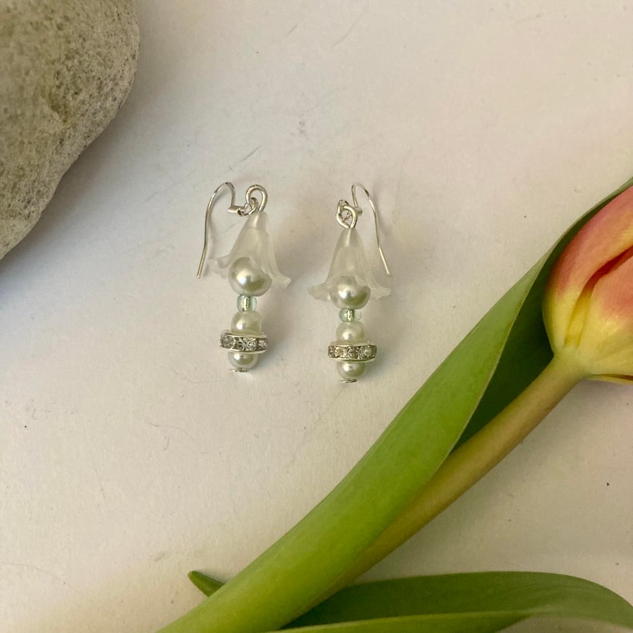 Sterling Silver Earrings with Opaque Glass Pearls and Opaque Flower Cap, Bridal 