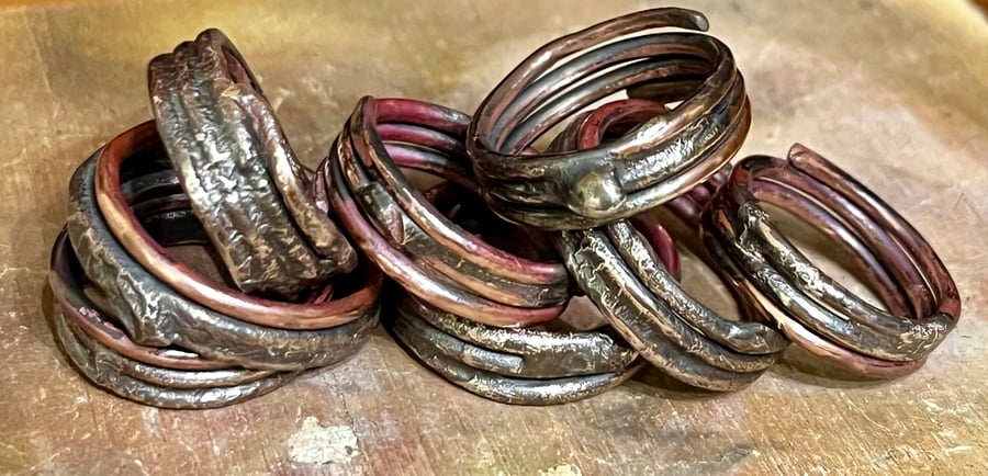 Rustic recycled silver-fused copper wire rings