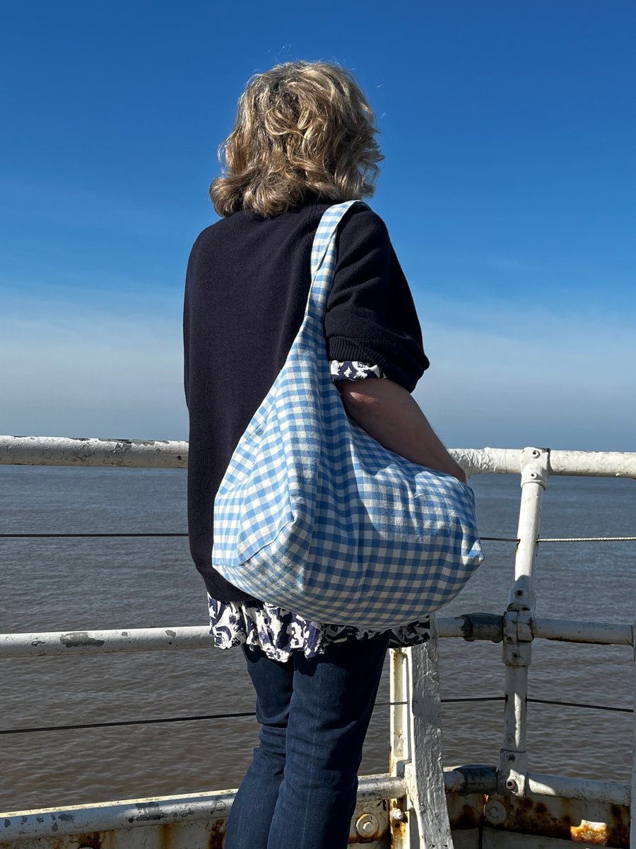 Reclaimed sky blue gingham beach bag tote bag with Laura Ashley print lining