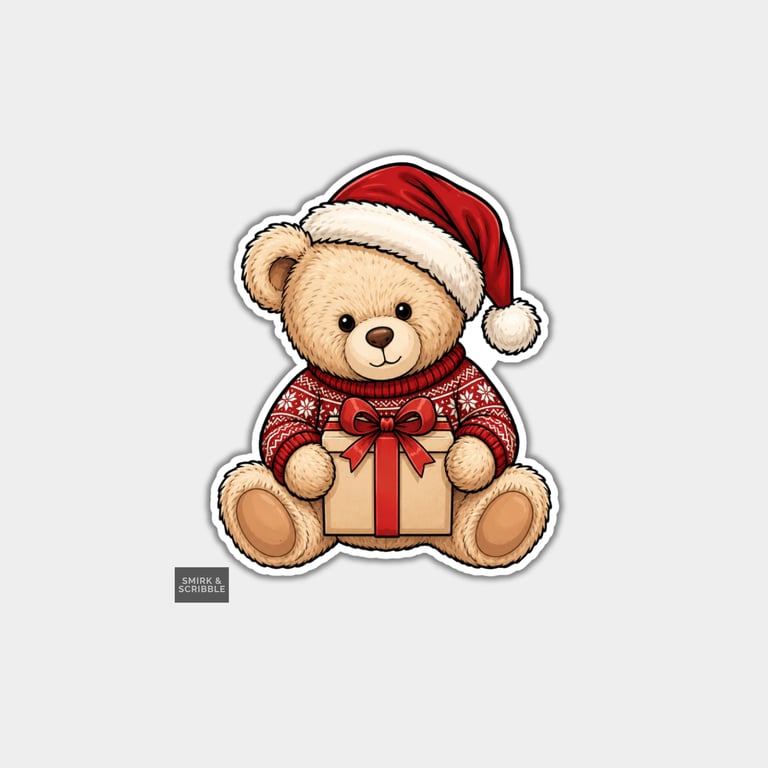 Funny Christmas Sticker Vinyl Xmas Decal For Adults - Teddy With Present