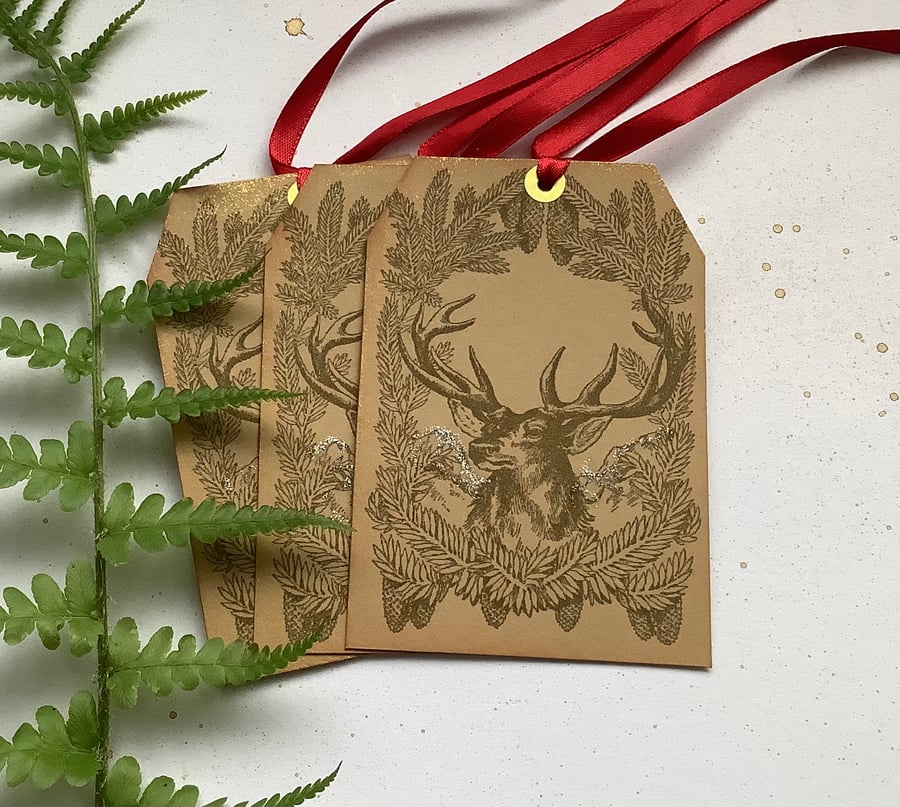  GIFT TAGS  ( set of 3) Autumn. Christmas.  Vintage-style .' Highland Stag' .