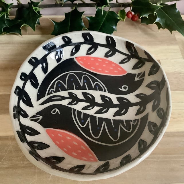 Handmade stoneware sgraffito black and red Robin snack tapas dessert bowl