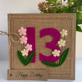 13th Handmade Birthday Card from felt. Keepsake Card. Textile card.