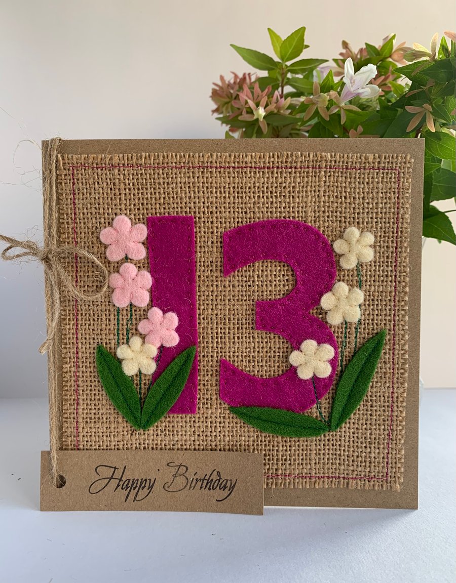 13th Handmade Birthday Card from felt. Keepsake Card. Textile card.