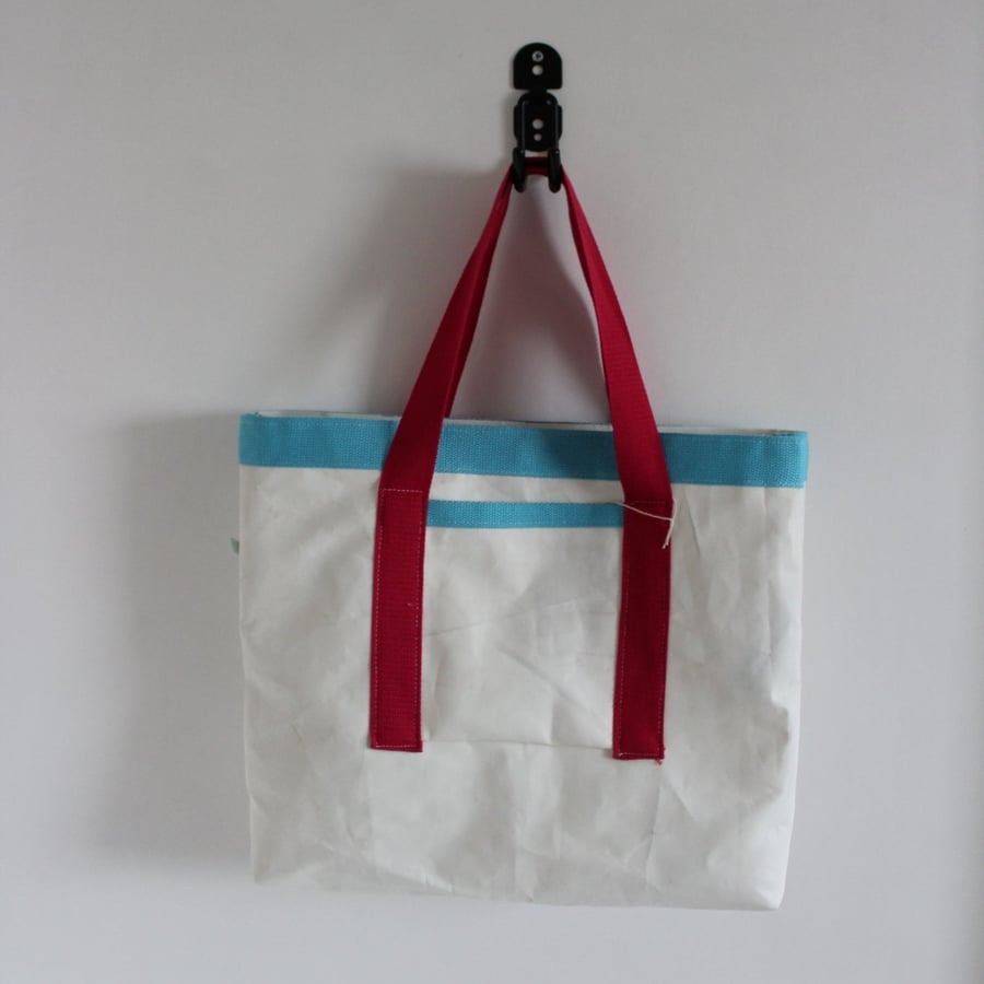 Upcycled Sailcloth Tote Bag with Raspberry Handles - Handmade Coastal Shopper