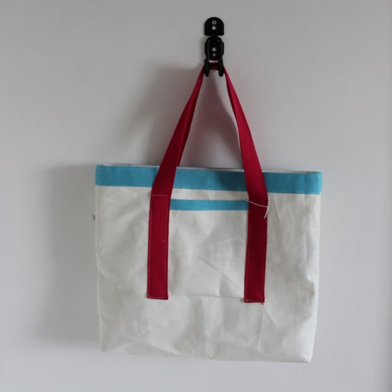 Upcycled Sailcloth Tote Bag with Raspberry Handles - Handmade Coastal Shopper