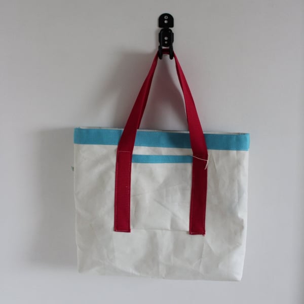 Upcycled Sailcloth Tote Bag with Raspberry Handles - Handmade Coastal Shopper