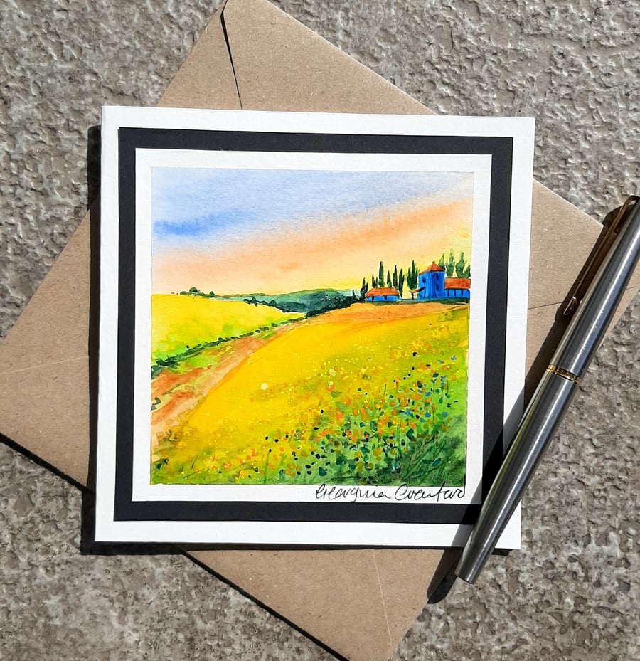 Blank Card. Farm Lane. Blue House. Handpainted Watercolour.