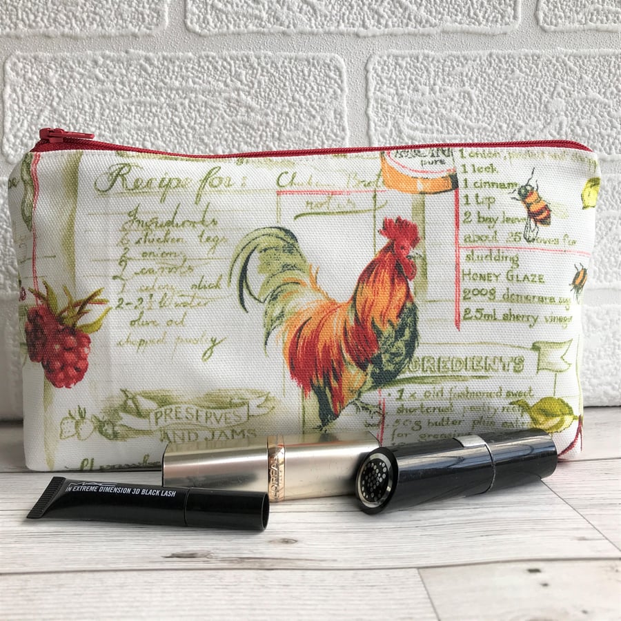 Cockerel make up bag, cosmetic bag in cream with cockerel, raspberries and bees