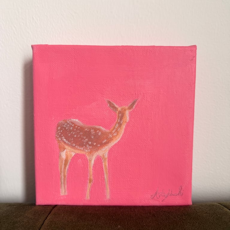 Deer Acrylic Painting Pink Background on 6"x6" Chunky Box Canvas 