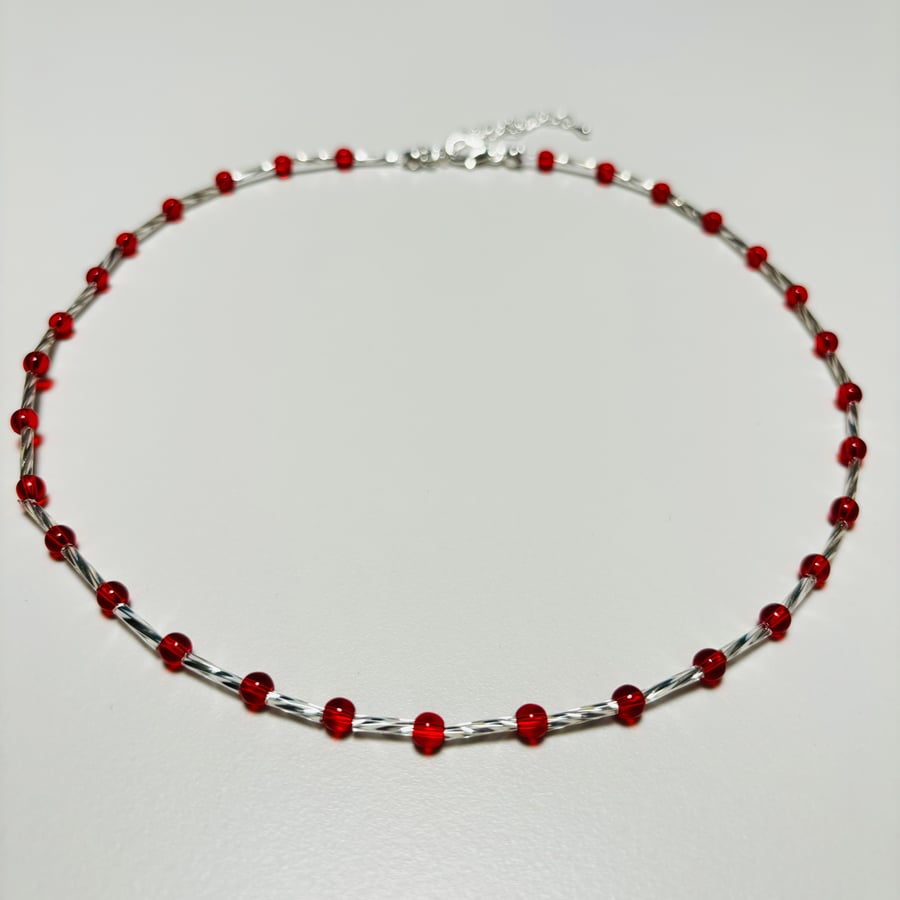 Red  Beaded Gemstone Choker Necklace Silver, Handmade Beads Necklace Dainty
