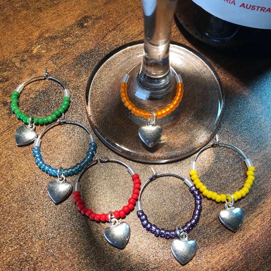 Set of Six Romantic Beaded Wine Glass Markers with Silver Love Heart Charms