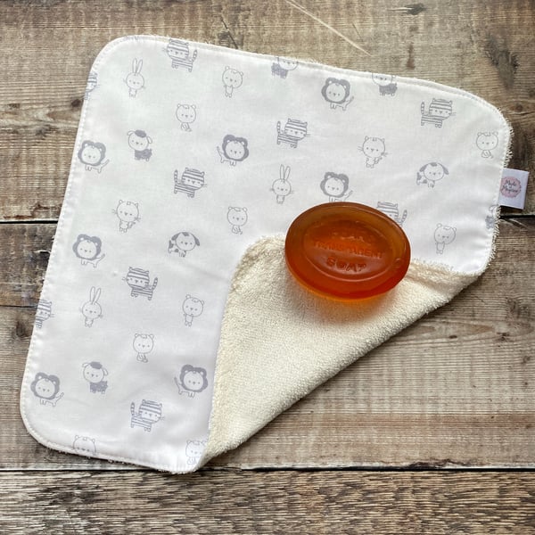 Organic Bamboo Cotton Wash Face Cloth Flannel White Grey Baby Animals