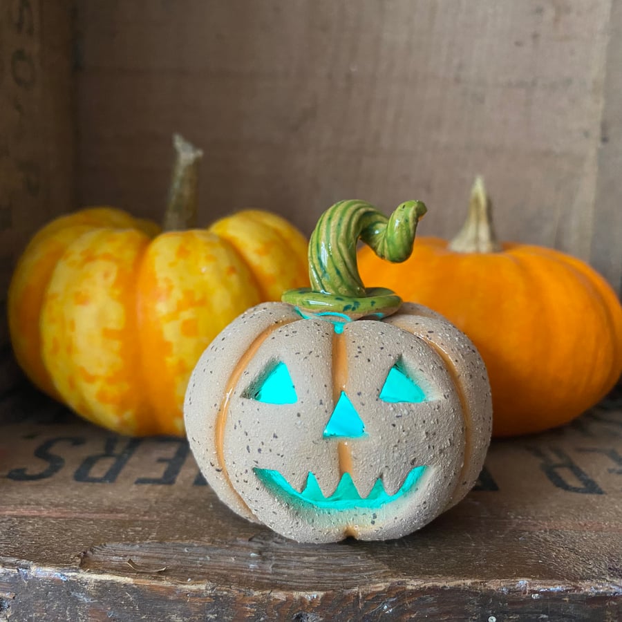 Ceramic pumpkin light up decoration carved face Jack o lantern removable lid