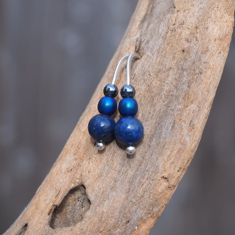 Earrings silver Lapis Lazuli drop earrings with hematite