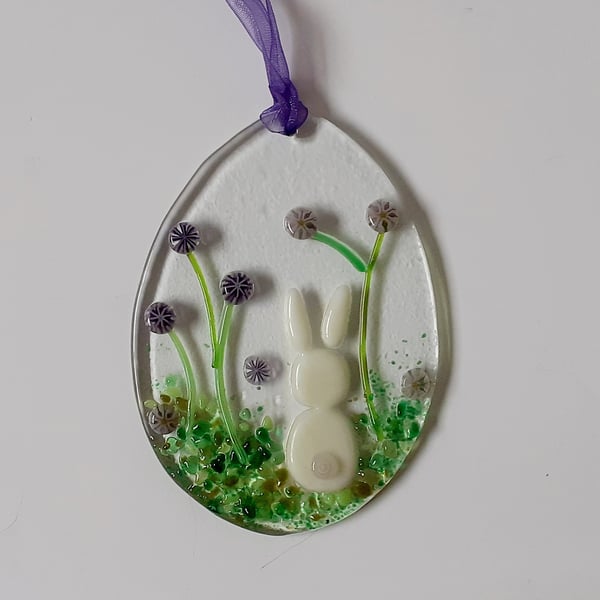 Fused glass Easter egg hanging decoration with bunny