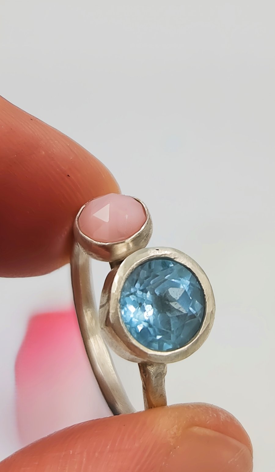Blue Topaz and Pink Opal Double Stone Ring : Size L