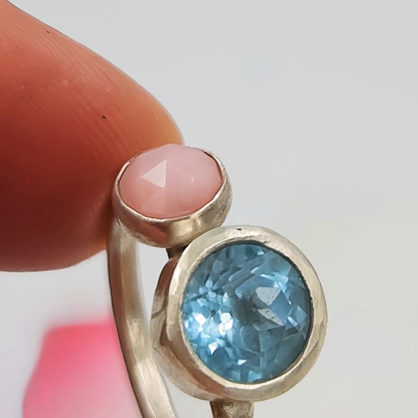 Blue Topaz and Pink Opal Double Stone Ring : Size L