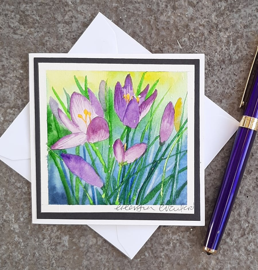 Mini Handpainted Blank Card. Letterbox Gift. Spring Crocus