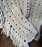 Soft Duck Egg Blue Crocheted Wool Lap Blanket with Fringe. - Image 1