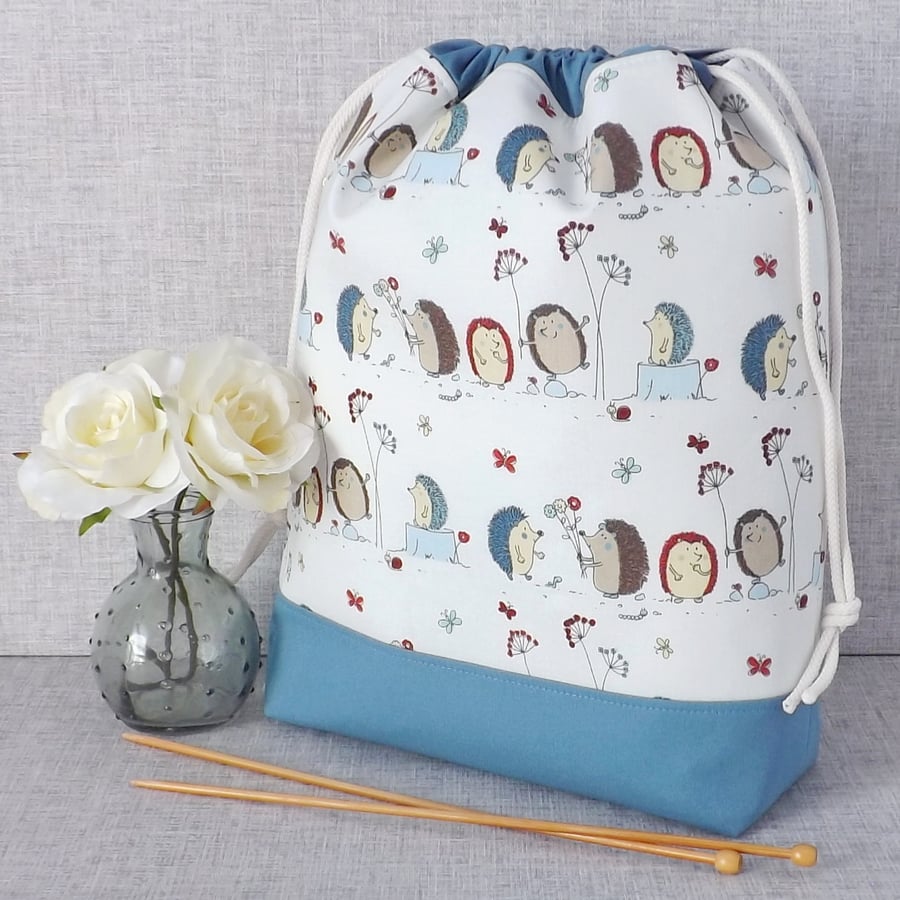 Project bag, drawstring bag, hedgehogs