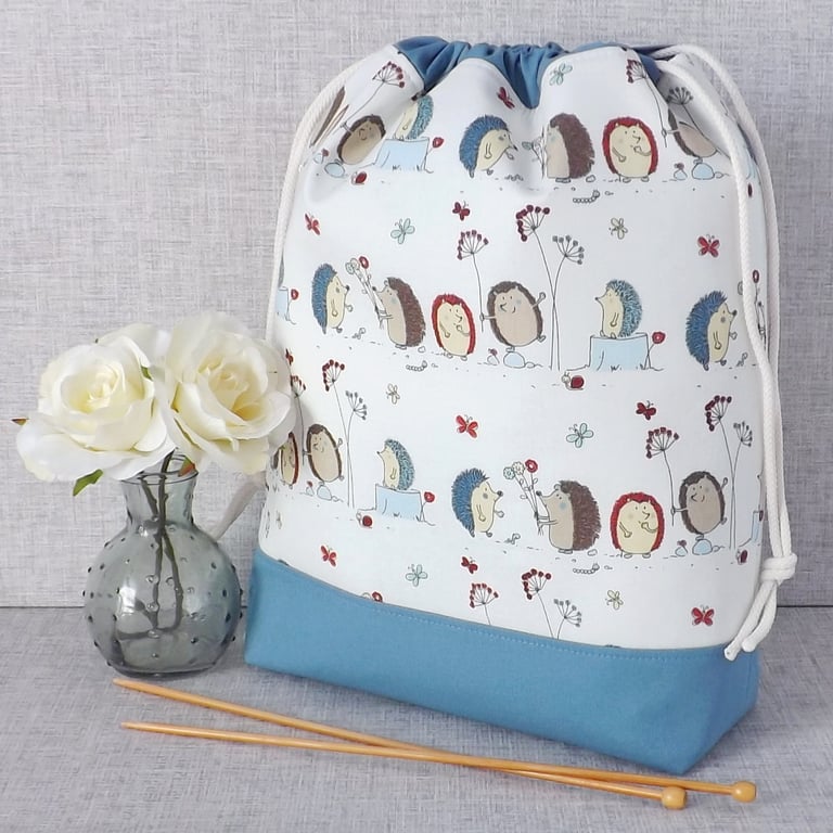 Project bag, drawstring bag, hedgehogs