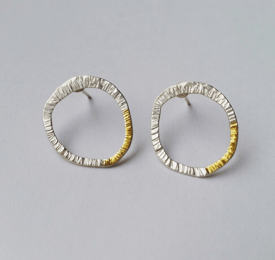 Nature inspired 'LICHEN' silver stud earrings with gold accent 