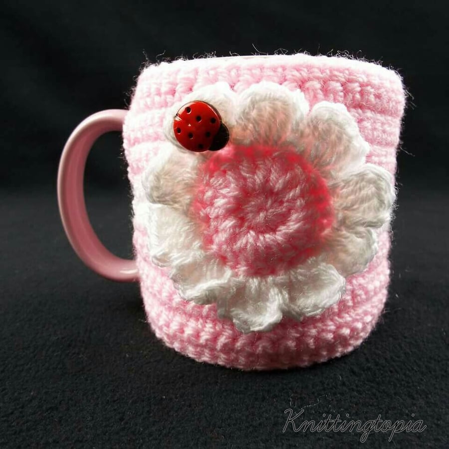 Hand crocheted mug cosy - pink flower with ladybug - mother's day gift 