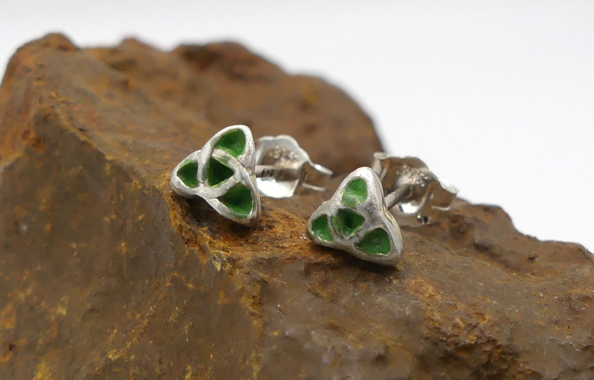 Sterling Silver Triquetra Stud Earrings with Green Patina.