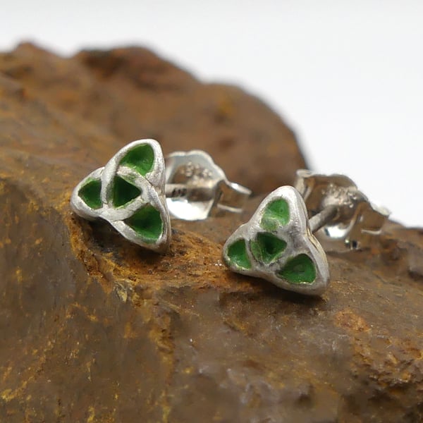 Sterling Silver Triquetra Stud Earrings with Green Patina.