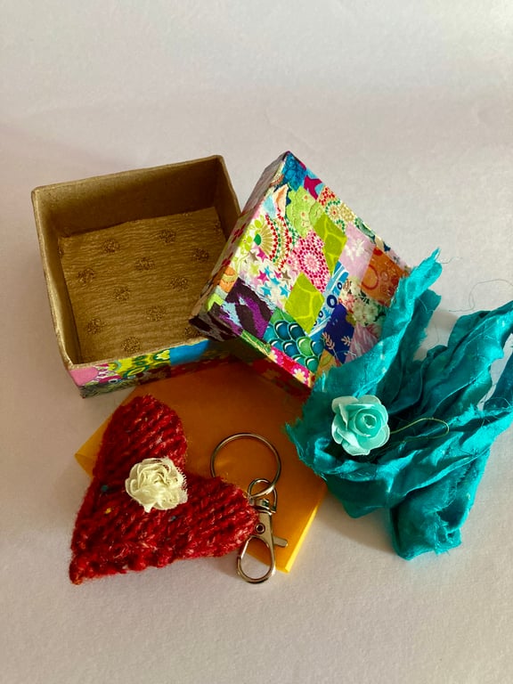 Hand knitted key ring in a gift box