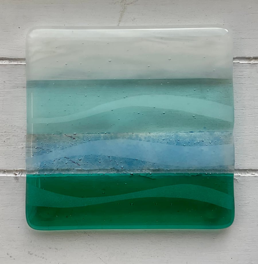 Handmade Fused Glass Seascape Coaster