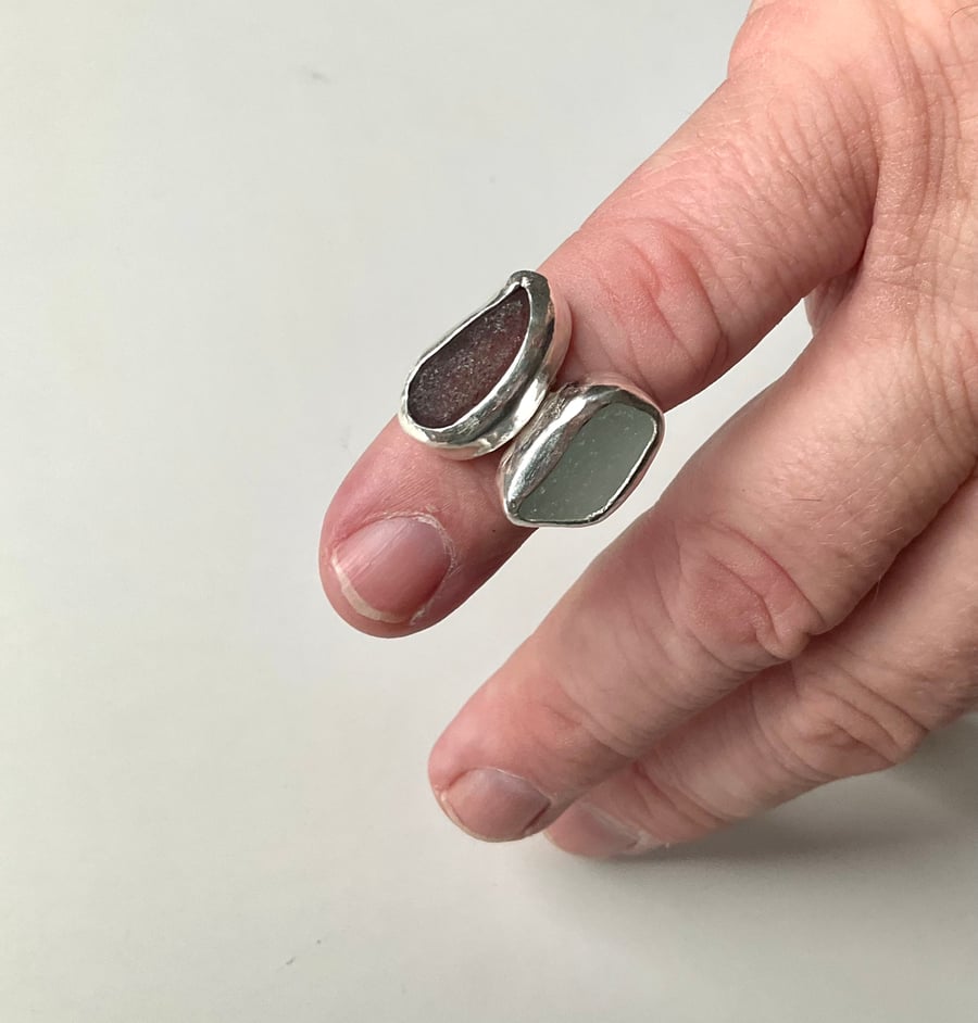 Sterling Silver Double Sea Glass Adjustable Ring (size range M,N,O,P) 