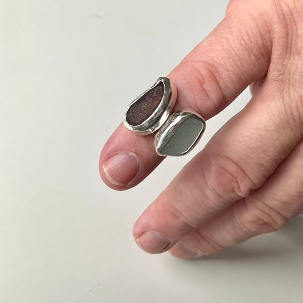 Sterling Silver Double Sea Glass Adjustable Ring (size range M,N,O,P) 