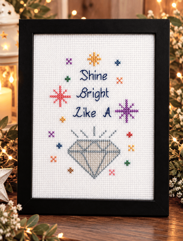 Shine Bright Like a Diamond – Handmade Framed Cross Stitch – Inspirational Quote