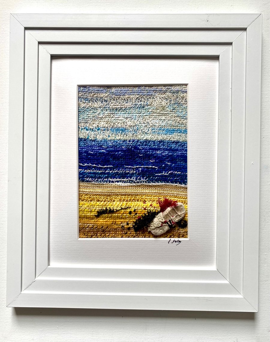 Sand sea sky, hand embroidered seascape 